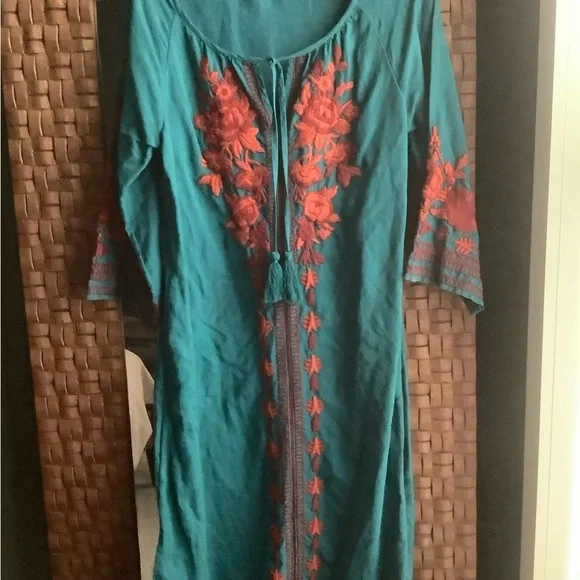 Linen Cotton Blend Teal Embroidered Women's dress Boho - Picture 2 of 5